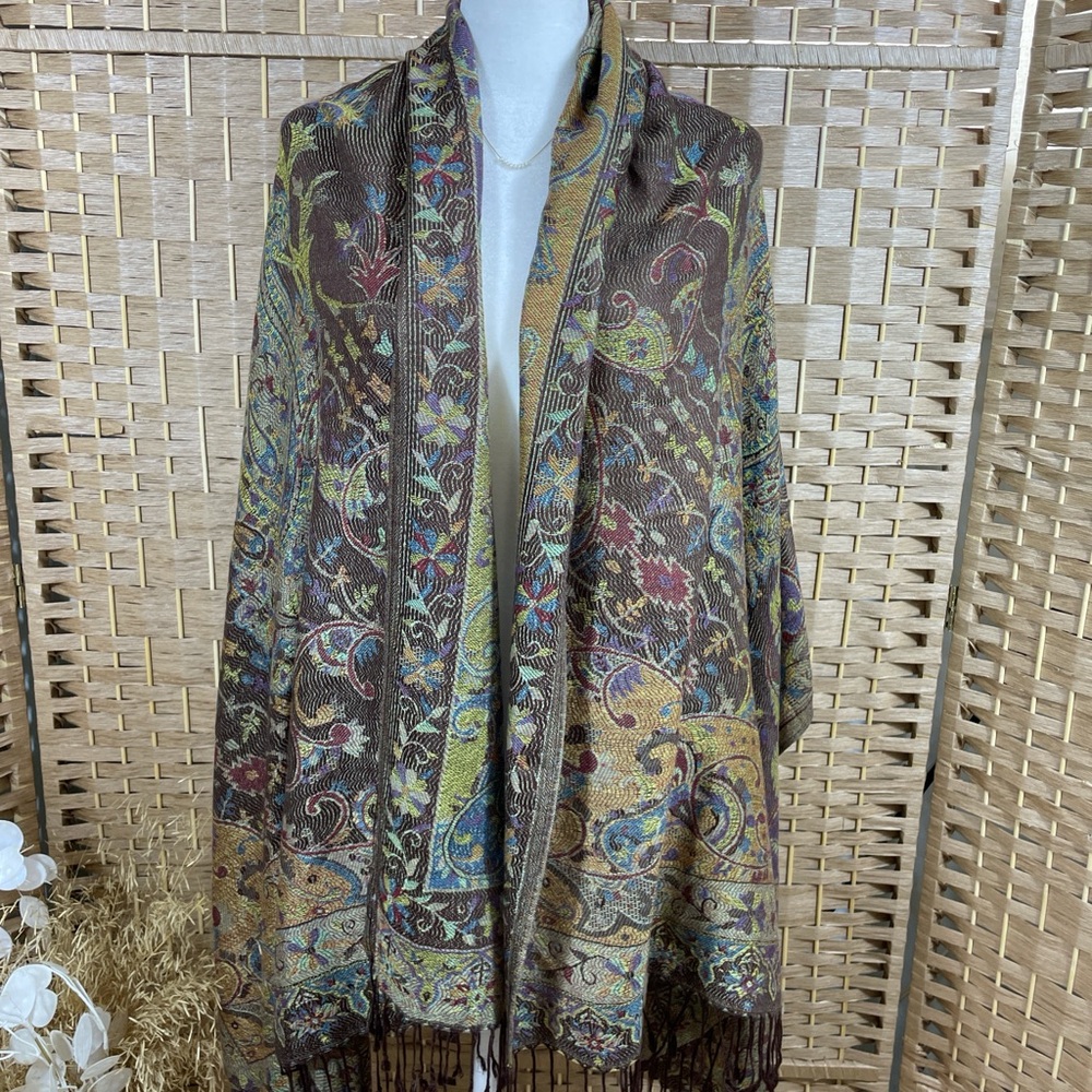 Paisley Fringe Shawl Wrap in Brown with Multicolor Accents Cashmere